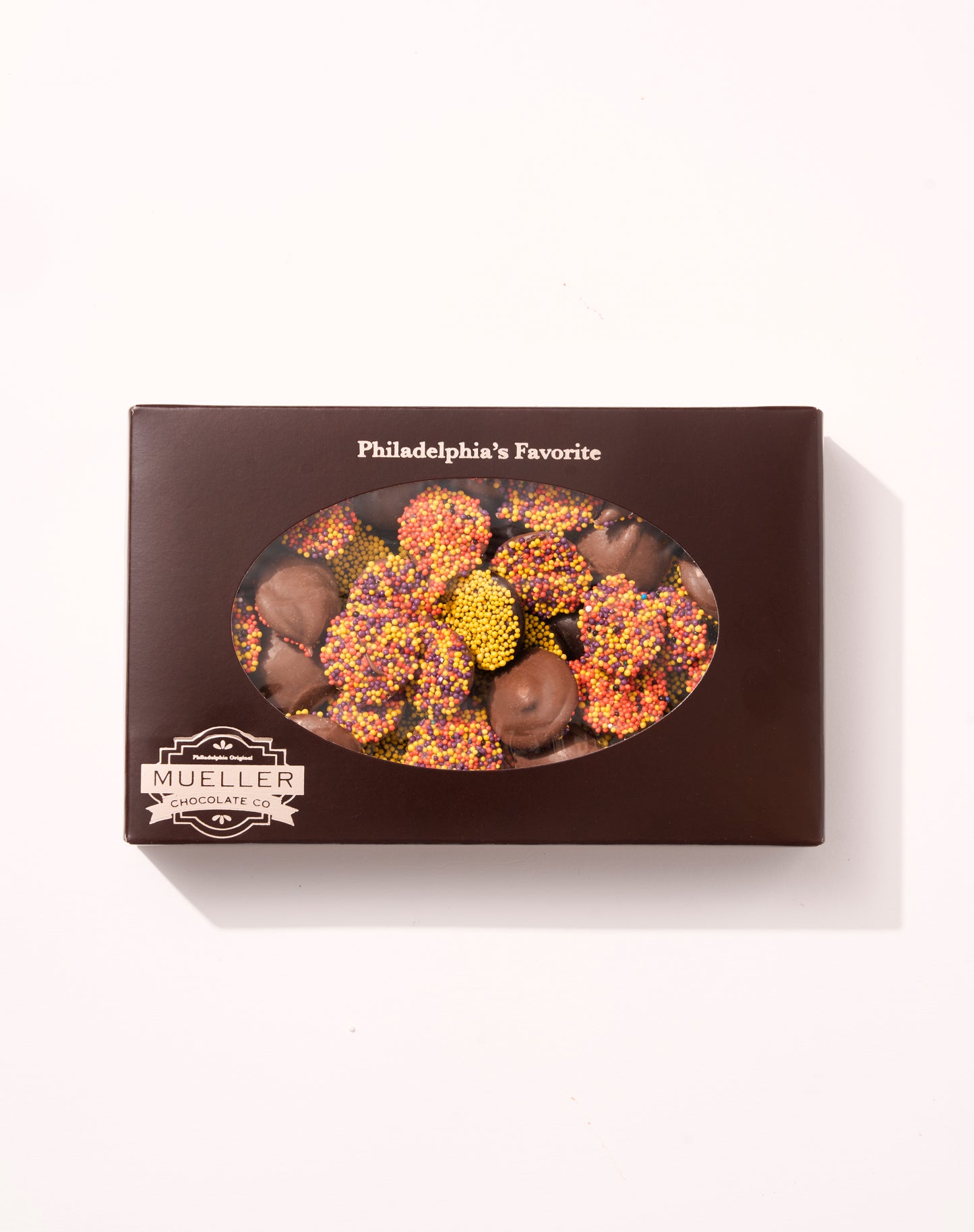 Milk Chocolate Fall Nonpareils in a Mueller Chocolate Co gift box