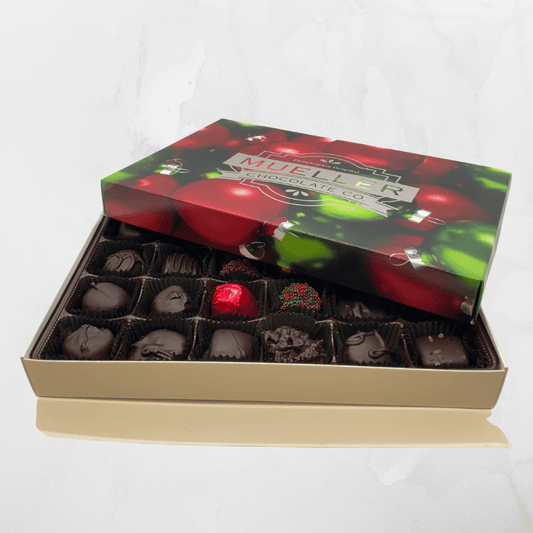 Holiday 1 lb dark chocolate assortment gift box, filled with rich chocolates.