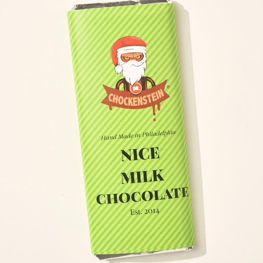 Dr. Chockenstein Nice Milk Chocolate Bar in green-striped holiday packaging, 2 oz gourmet stocking stuffer for holiday gifting.