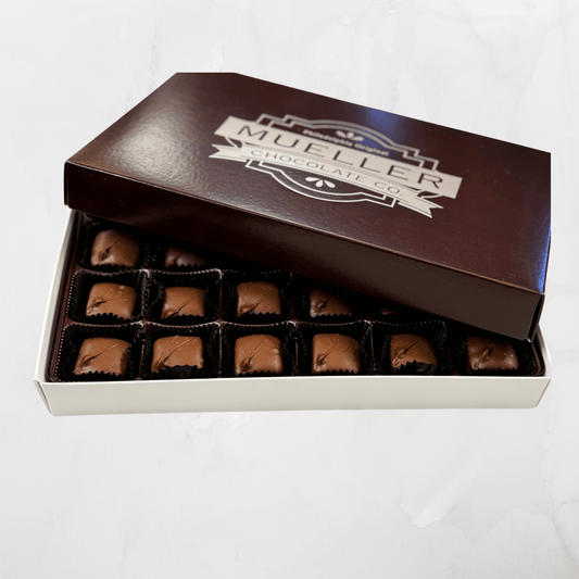 24-piece box of milk chocolate-covered caramels with creamy caramel centers and a smooth chocolate coating.