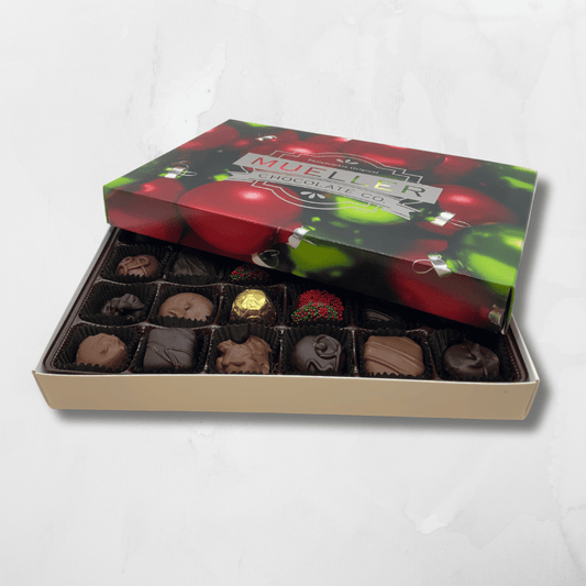 Holiday 1 lb dark chocolate assortment gift box, filled with rich chocolates.