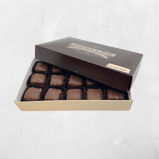 Sugar-Free Milk Chocolate Sea Salt Caramels in a 15-piece box, perfect for sweet cravings without the sugar.