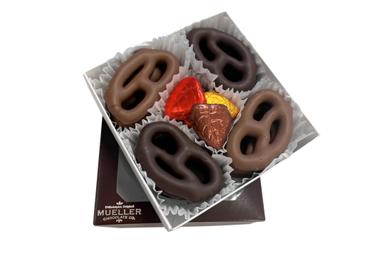 Fall Pretzel gift box featuring chocolate covered pretzels and foil wrapped chocolate leaves