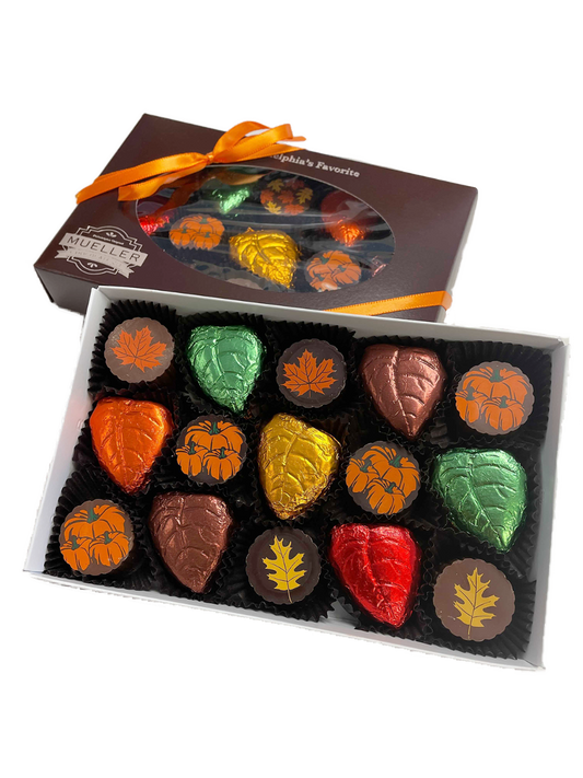 Fall in a Box, featuring foil wraped leaves and Truffles