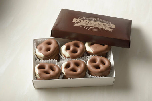 Half - Dipped White & Milk Chocolate Pretzels - Handmade Chocolate | Mueller Chocolate Co.