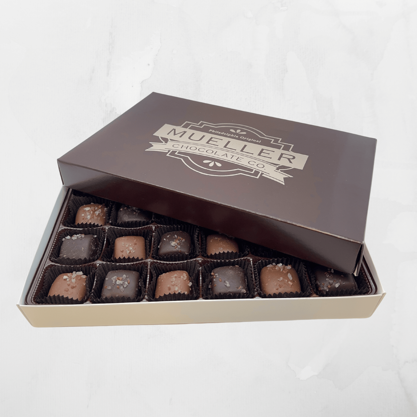 Sea Salt Caramels Mixed Milk and Dark 24 Piece Box - Mueller Chocolate Co