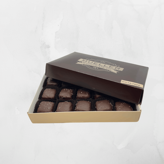 Sugar Free Dark Chocolate Sea Salt Caramels - Handmade | Mueller Chocolate Co.